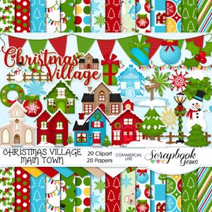 HOOFDSTAD KERST Clipart & Papers Kit, 29 png-clipartbestanden, 20 jpeg-papierbestanden, Instant Download, thuis, kerstdorp, sneeuw, winter