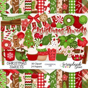 CHRISTMAS SWEETS Clipart & Papers Kit, 39 png Clipart files, 24 jpeg Paper files, Instant Download, candy cane, cocoa, donut, cookie, spice