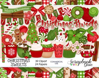 CHRISTMAS SWEETS Clipart & Papers Kit, 39 png Clipart files, 24 jpeg Paper files, Instant Download, candy cane, cocoa, donut, cookie, spice