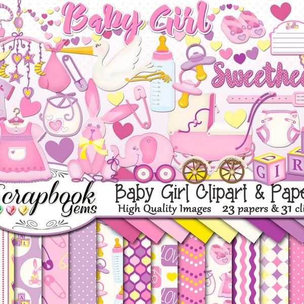 BABY GIRL Clipart and Papers Kit, 31 png Clip arts, 23 jpeg Papers Instant Download infant pink purple bottle pacifier binky moon stroller