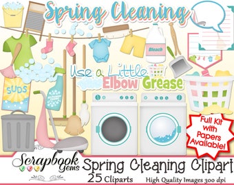 SPRING CLEANING Clipart, 25 png Clipart files Instant Download cleaner washer dryer laundry cloths line trash vacuum broom mop dust bubbles