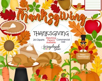 THANKSGIVING Clipart, 26 png Clipart files Instant Download fall autumn turkey pumpkin pie cornucopia sunflower acorn falling leaves apple