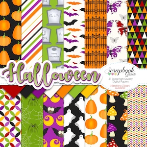 Könnte beinhalten: Eine Sammlung von 21 digitalen Halloween-Scrapbook-Papieren. Designs umfassen Kürbisse, Fledermäuse, Grabsteine, Spinnen, Geister und geometrische Muster. Das Wort "Halloween" ist in einer grünen und lila Schriftart dargestellt.