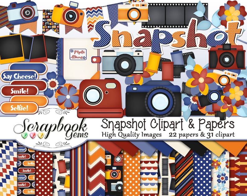 May include: A digital scrapbook kit with a snapshot theme. The kit includes 22 papers and 31 clipart images. The papers feature a variety of patterns, including polka dots, stripes, and chevron. The clipart images include cameras, film strips, and flowers. The kit is perfect for creating scrapbook pages, cards, and other paper crafts.
