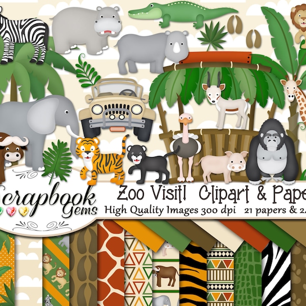 ZOO VISIT! Clipart & Papers Kit, 24 png Clipart files, 21 jpeg Paper files, Instant Download gorilla elephant giraffe tiger lion hippo rhino