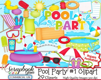 POOL PARTY (Kit #1) Clipart, 29 png Clipart files, Instant Download kid swimming pool swim hose water splash puddle lounge summer sunglasses