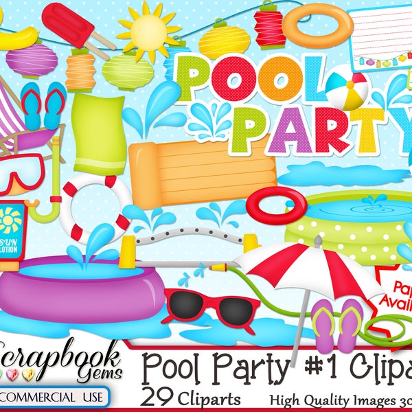 POOL PARTY (Kit #1) Clipart, 29 png Clipart files, Instant Download kid swimming pool swim hose water splash puddle lounge summer sunglasses