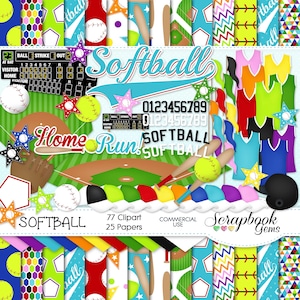 SOFTBALL Clipart und Papiere Kit, 77 png Clip Arts, 25 jpeg Papiere, Sofortiger Download Baseball Feld Trikot Mädchen Sport Athletisch Fledermaus Ball