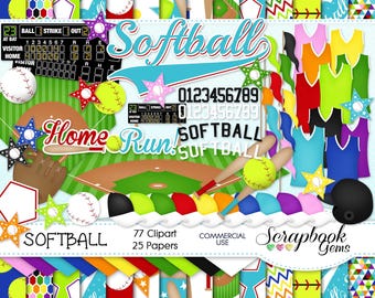 SOFTBALL Clipart and Papers Kit, 77 png Clip Arts, 25 jpeg Papers Instant Download baseball field jersey girls sports athletic mitt bat ball