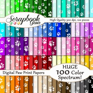 Puede incluir: Un conjunto de 100 papeles digitales con huellas de patas en una variedad de colores. Los papeles son de 300 dpi y son perfectos para scrapbooking, creación de tarjetas y otros proyectos de manualidades.  Scrapbook Gems.  Alta calidad 300 dpi, 100 piezas.  Papeles digitales con huellas de patas.  ENORME Espectro de 100 colores!