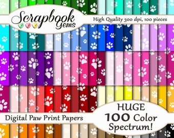 100 Paw Prints Digital Paper, 100 Pieces, 12" x 12", 300 dpi High Quality JPEG files, Instant Download
