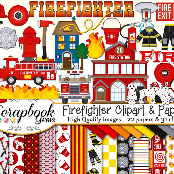 FIREFIGHTER Clipart & Papers Kit, 30 png Clip arts, 22 jpeg Papers Instant Download flame fire station dalmation hydrant hose pole hat truck