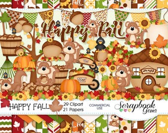 HAPPY FALL Clipart & Papers Kit, 29 png Clipart files, 21 jpeg Paper files, Instant Download, autumn, pumpkin, thanksgiving, harvest, leaf