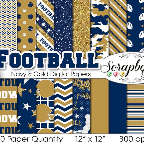 Football Digital Papers Navy Blue & Gold, 20 Pieces, 12" x 12", High Quality JPEG files, Instant Download Commercial Use Sports Glitter