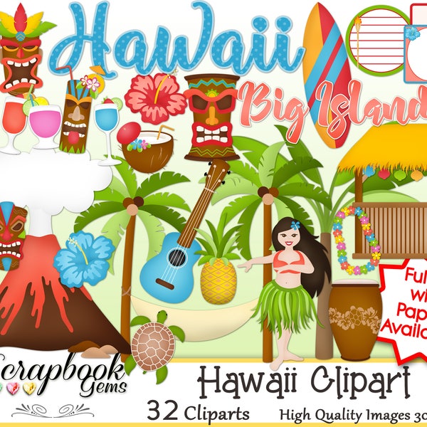 HAWAII Clipart, 32 png Clipart files Instant Download tags volcano maui oaho tropical beach sea ocean water tiki totem lei guitar torch surf