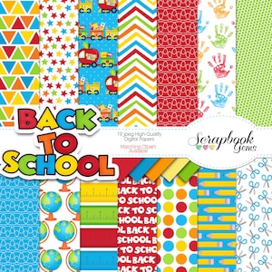 VOLTA À ESCOLA #1 Papéis digitais, 19 peças, 12" x 12", JPEGs de alta qualidade, download instantâneo, impressão de mão a lápis, trem escolar, tesoura globo