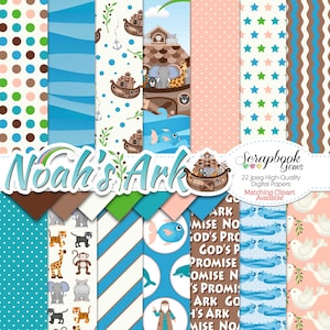 NOAH&#39;S ARK Digital Papers, 21 Pieces, 12&quot; x 12&quot;, High Quality JPEGs, Instant Download bible rainbow God Jesus Christian animal zoo boat ship