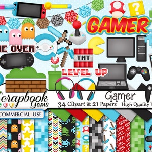 GAMER Video Game Clipart & Papers Kit, 34 png Clipart files, 21 jpeg Paper files, Instant Download arcade, computer, xbox game, joystick image 1