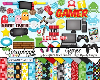 GAMER Video Game Clipart & Papers Kit, 34 png Clipart files, 21 jpeg Paper files, Instant Download arcade, computer, xbox game, joystick