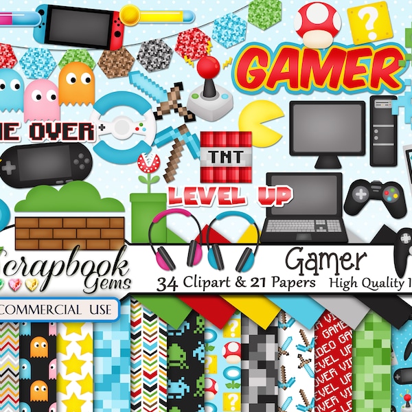 GAMER Video Game Clipart & Papers Kit, 34 png Clipart files, 21 jpeg Paper files, Instant Download arcade, computer, xbox game, joystick