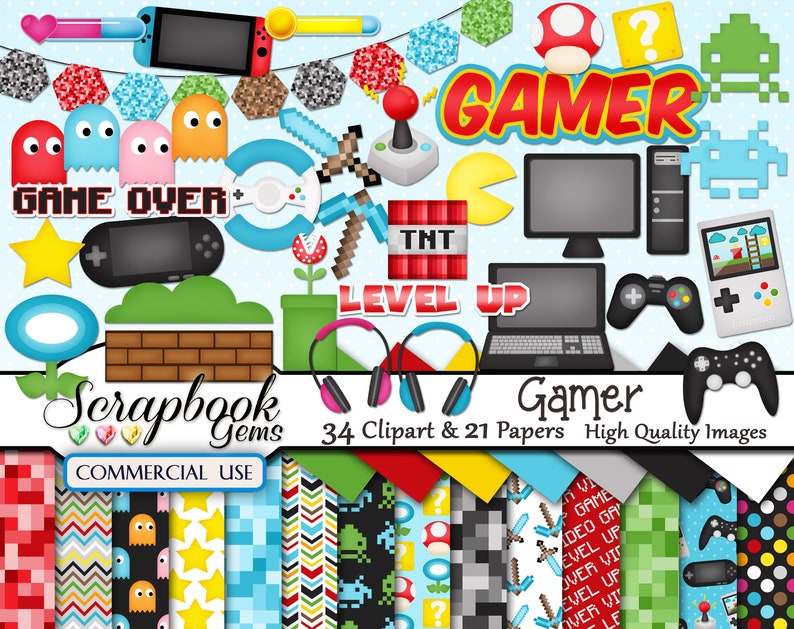 GAMER Video Game Clipart & Papers Kit, 34 png Clipart files, 21 jpeg Paper files, Instant Download arcade, computer, xbox game, joystick image 1