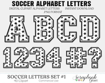 Sports Soccer Letters & Numbers Clipart, 40 High Quality PNG files, Instant Download Digital Clip Art sports alphabet