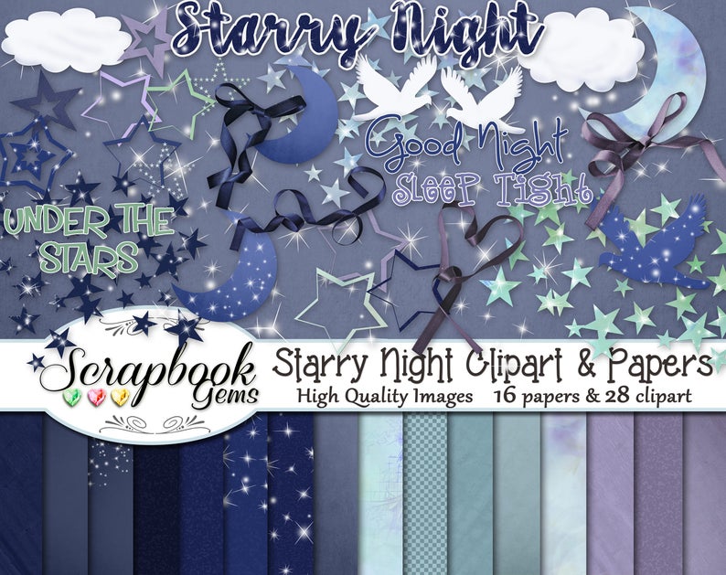 STARRY NIGHT Digital Scrapbook Kit, 28 Png Clipart Files, 16 Jpeg Paper ...