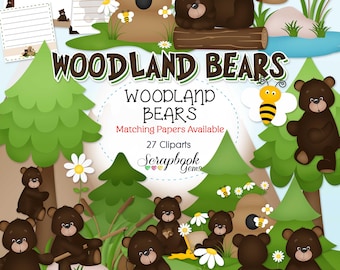 WOODLAND BEREN Clipart, 27 png Clipart-bestanden Instant Download bijenkorf honing eikel natuur bos camping jacht grizzlybeer visserij bossen