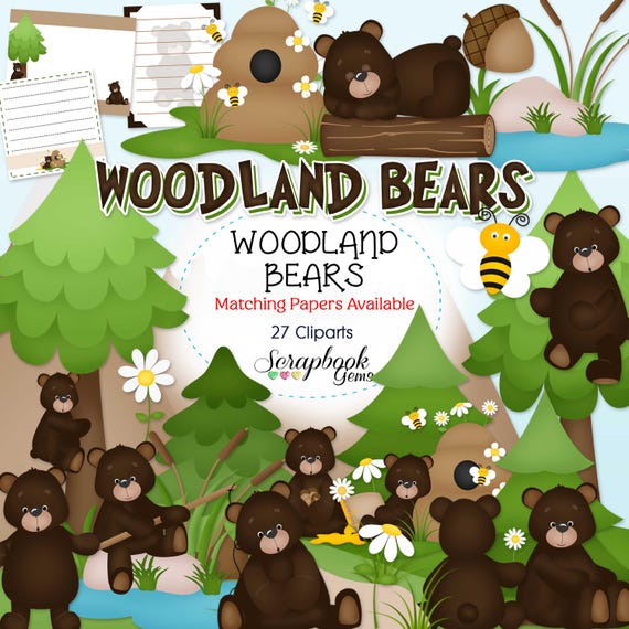 WOODLAND BEARS Clipart, 27 png Clipart files Instant Download beehive honey acorn nature forest camping hunting grizzly bear fishing woods