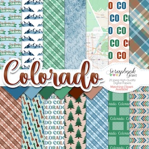 COLORADO State Digital Papers, 20 stuks, 12" x 12", hoge kwaliteit jpeg's, direct downloaden, denver, bergen, dennenbomen, kaart van Colorado