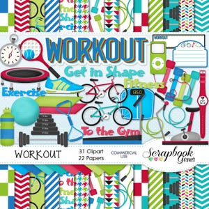 WORKOUT Clipart and Papers Kit, 31 png Clip Arts, 22 jpeg Papers Instant Download fitness excersize scale treadmill bike bicycle weightlift
