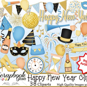 HAPPY NEW YEAR Clipart, 38 png Clipart files Instant Download winter new year&#39;s christmas balloon disco ball party celebrate clock champagne