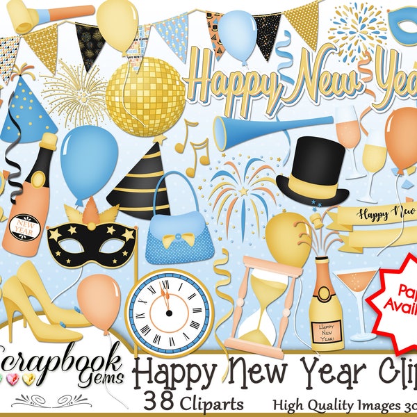 HAPPY NEW YEAR Clipart, 38 png Clipart files Instant Download winter new year's christmas balloon disco ball party celebrate clock champagne