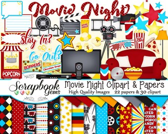 MOVIE NIGHT Clipart and Papers Kit, 30 png Clip arts, 22 jpeg Papers Instant Download dvd cinema couch camera video popcorn candy stars soda