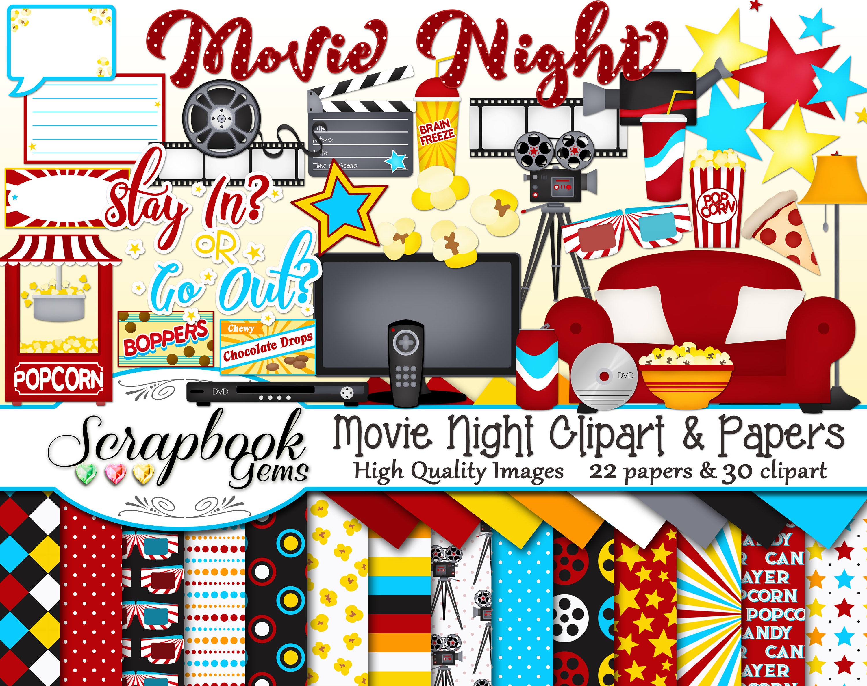 MOVIE NIGHT Clipart and Papers Kit 30 png Clip arts 22 ...