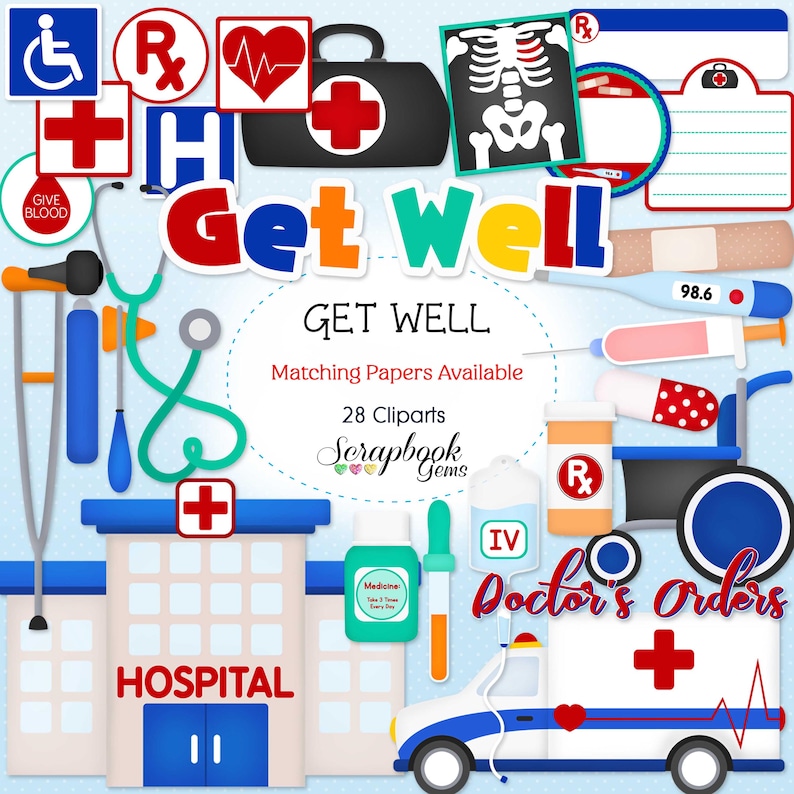 May include: A set of 28 digital clipart images featuring a get well theme. The images include a hospital, ambulance, doctor's orders, a thermometer, a stethoscope, crutches, a pill bottle, and more. The images are in a cartoon style and are perfect for scrapbooking, card making, and other crafting projects.