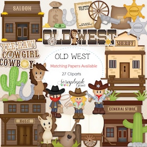 VIEJO OESTE Clipart, 27 archivos PNG Clipart, Descarga instantánea, rueda de carreta, salón, western, caballo, pistola, cactus, vaquero, vaquera, poni