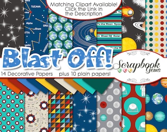 Könnte beinhalten: Ein Set mit 14 digitalen Scrapbook-Papieren mit Weltraum-Thema. Die Papiere beinhalten eine Vielzahl von Designs, wie Sterne, Planeten, Raketen und Astronauten. Die Papiere sind perfekt zum Erstellen von Scrapbook-Seiten, Karten und anderen Papierarbeiten.