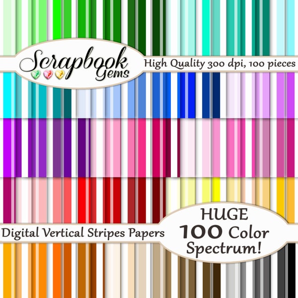 100 Vertical Stripes Digital Paper, 100 Pieces, 12" x 12", 300 dpi High Quality JPEG files, Instant Download