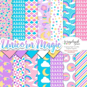 EINHORN MAGIE Digitale Papiere, 19 Teile, 12 "x 12", High Quality JPEGs, Sofort Download, Pegasus, Mädchen Geburtstagsparty, Regenbogen