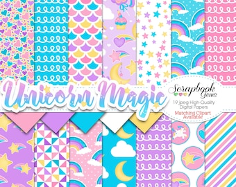 UNICORN MAGIC Digital Papers, 19 Pieces, 12&quot; x 12&quot;, High Quality JPEGs, Instant Download, magical, pegasus, girl&#39;s birthday party, rainbows