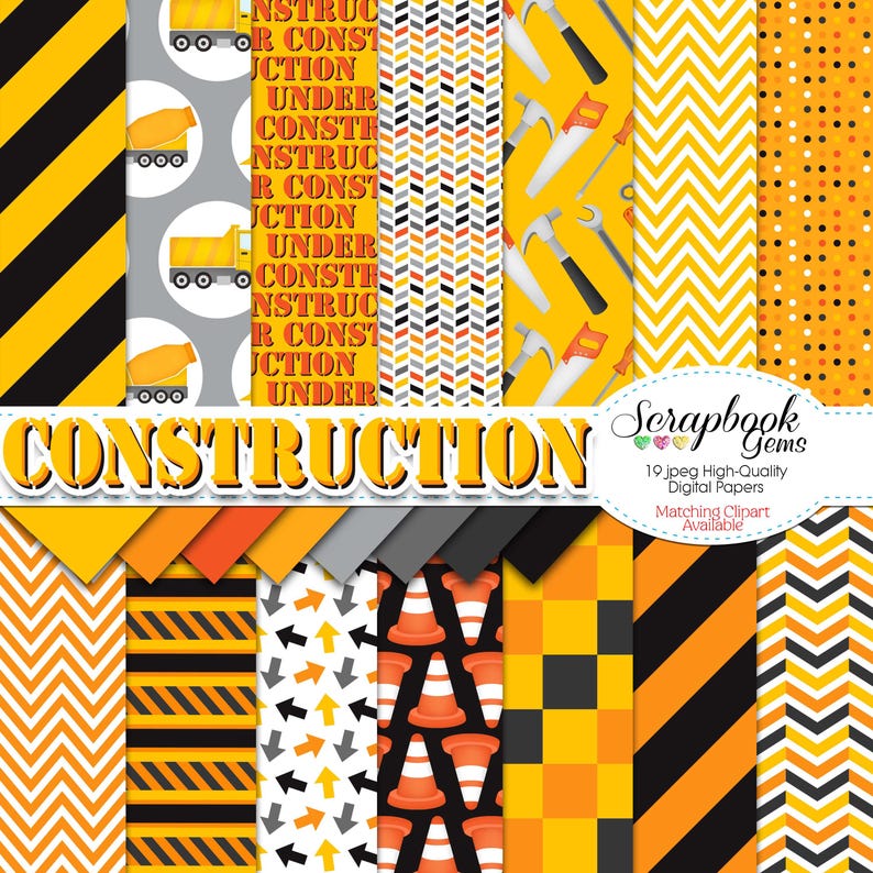 K&ouml;nnte beinhalten: Ein Set mit 19 digitalen Papieren mit Bau-Motiven. Die Muster umfassen gelbe und schwarze Streifen, schwarz-wei&szlig; kariert, orange und schwarze Kegel und gelbe und schwarze Pfeile. Der Text "CONSTRUCTION" ist in einer fetten, gelben Schrift dargestellt.