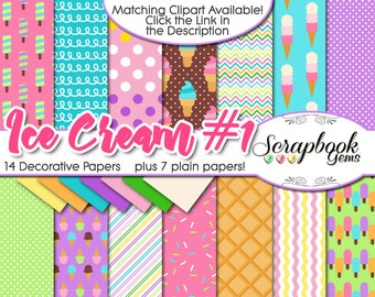 ICE CREAM #1 Digital Papers, 21 Pieces, 12" x 12", High Quality JPEGs, Instant Download Commercial Scrapbook cone milkshake candy chocolate