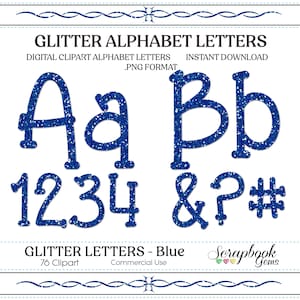 Blue Glitter Letters & Numbers Digital Clipart, 76 High Quality PNG files, Instant Download