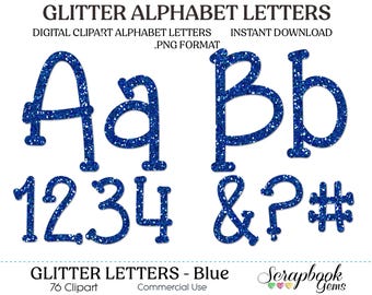 May include: Blue glitter alphabet letters, numbers, and symbols. The image includes the letters Aa, Bb, numbers 1, 2, 3, 4, and symbols &?#. Text reads "GLITTER ALPHABET LETTERS" and "GLITTER LETTERS - Blue".