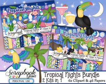 TROPICAL NIGHTS BUNDLE - 2 Kits in 1, 62 Cliparts & 46 Papers, Instant Download, toucan, parrot, beach, ocean, hawaii, coctails, bahamas