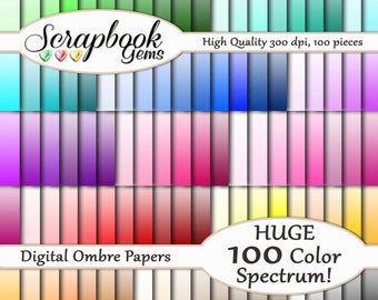 100 Ombre Gradient Digital Paper, 100 Pieces, 12" x 12", 300 dpi High Quality JPEG files, Instant Download mega paper rainbow pack