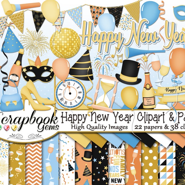 HAPPY NEW YEAR Clipart and Papers Kit, 38 png Clip Arts, 22 jpeg Papers Instant Download champagne wine party new year's celebrate balloon