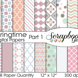 May include: A collection of 18 digital scrapbook papers with various patterns, including plaid, polka dots, and floral designs. The papers are in pastel colors such as pink, blue, and green. The text "Springtime Part 1 Digital Papers" is displayed above the papers. Each paper measures 12" x 12".