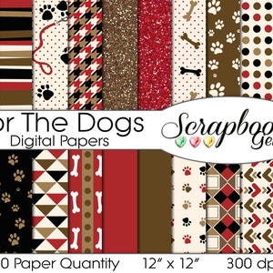 For The Dogs Digital Papers, 20 Pieces, 12&quot; x 12&quot;, High Quality JPEG files, Instant Download Commercial Use Scrapbook Glitter puppy canine